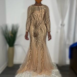 Mermaid Nude Formal Dress w/ Gold Sequins